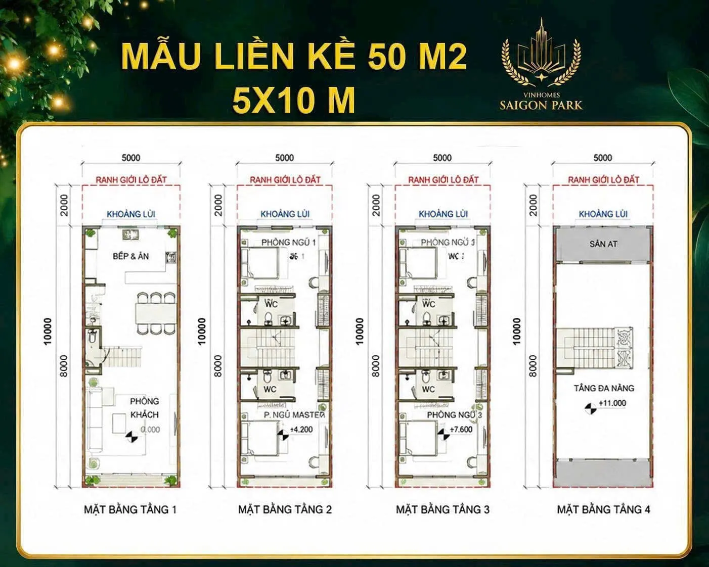 Mặt bằng 4 tầng mẫu nhà phố liền kề 50 m² lô 5 × 10 m