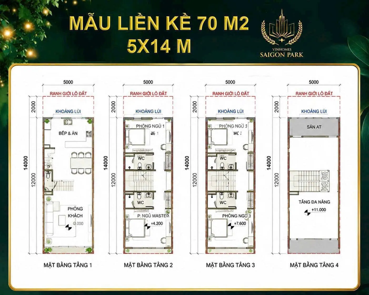 Mặt bằng 4 tầng mẫu nhà phố liền kề 70 m²