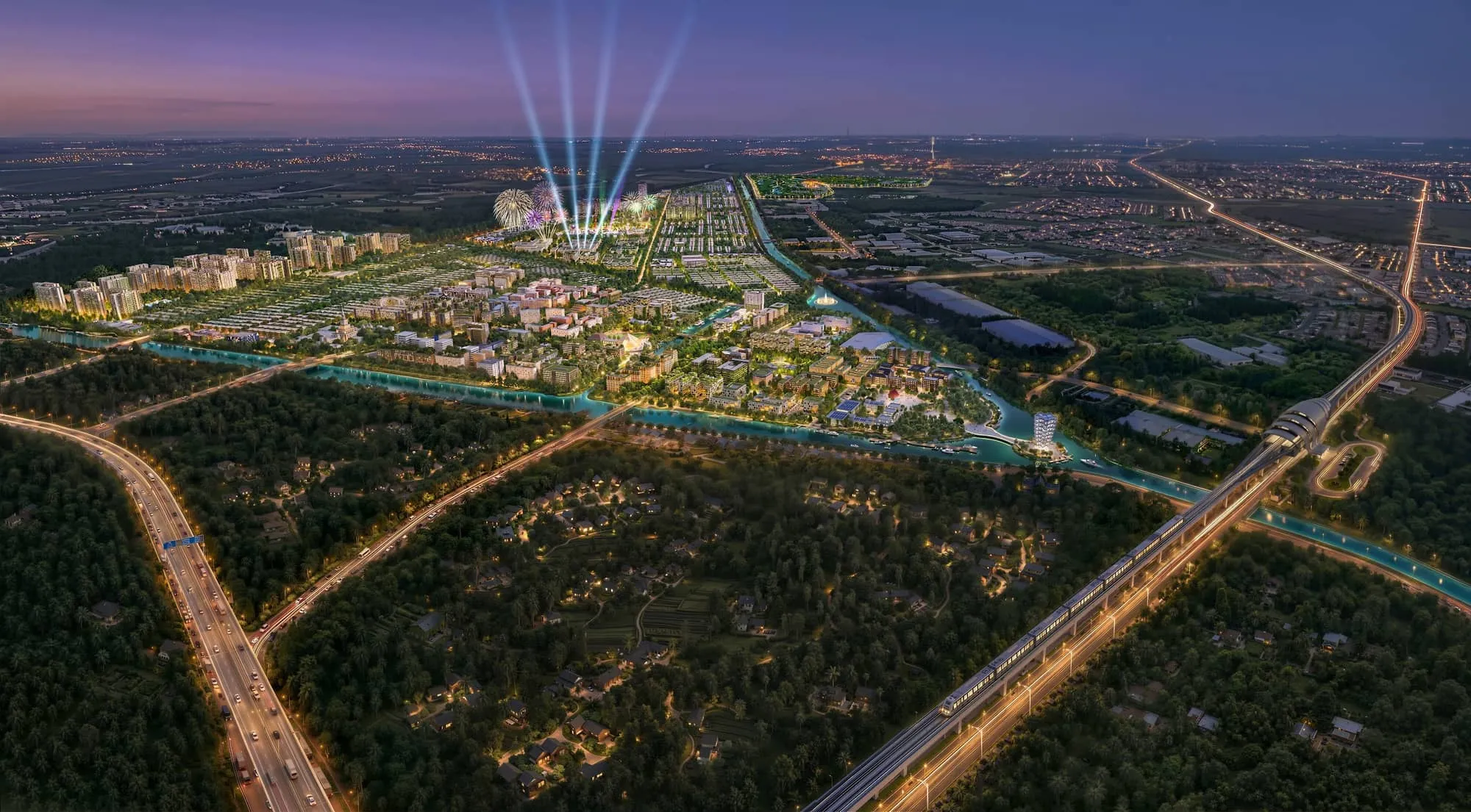 Phối cảnh toàn cảnh Vinhomes Saigon Park về đêm với tuyến Metro số 2 và các dãy nhà phố ven kênh
