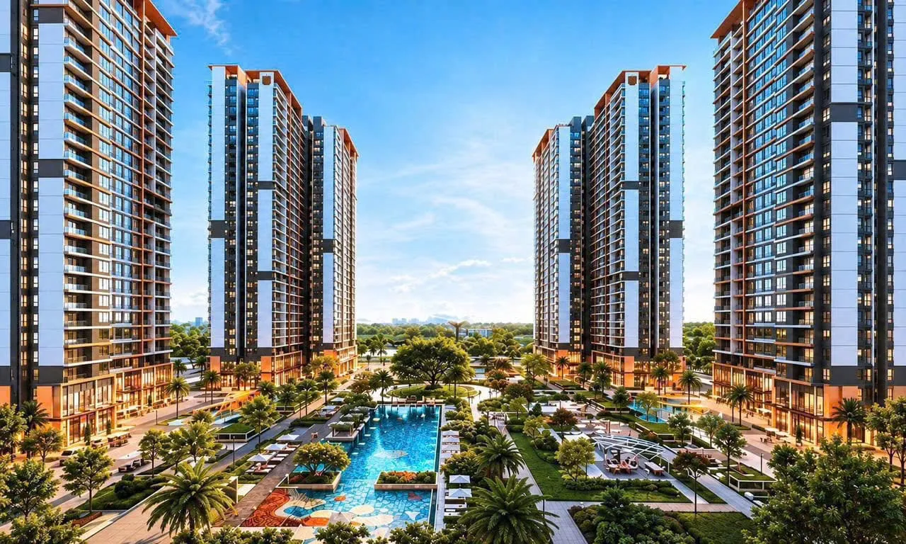 Phối cảnh minh họa các tòa cao tầng và hồ bơi tại Vinhomes Saigon Park