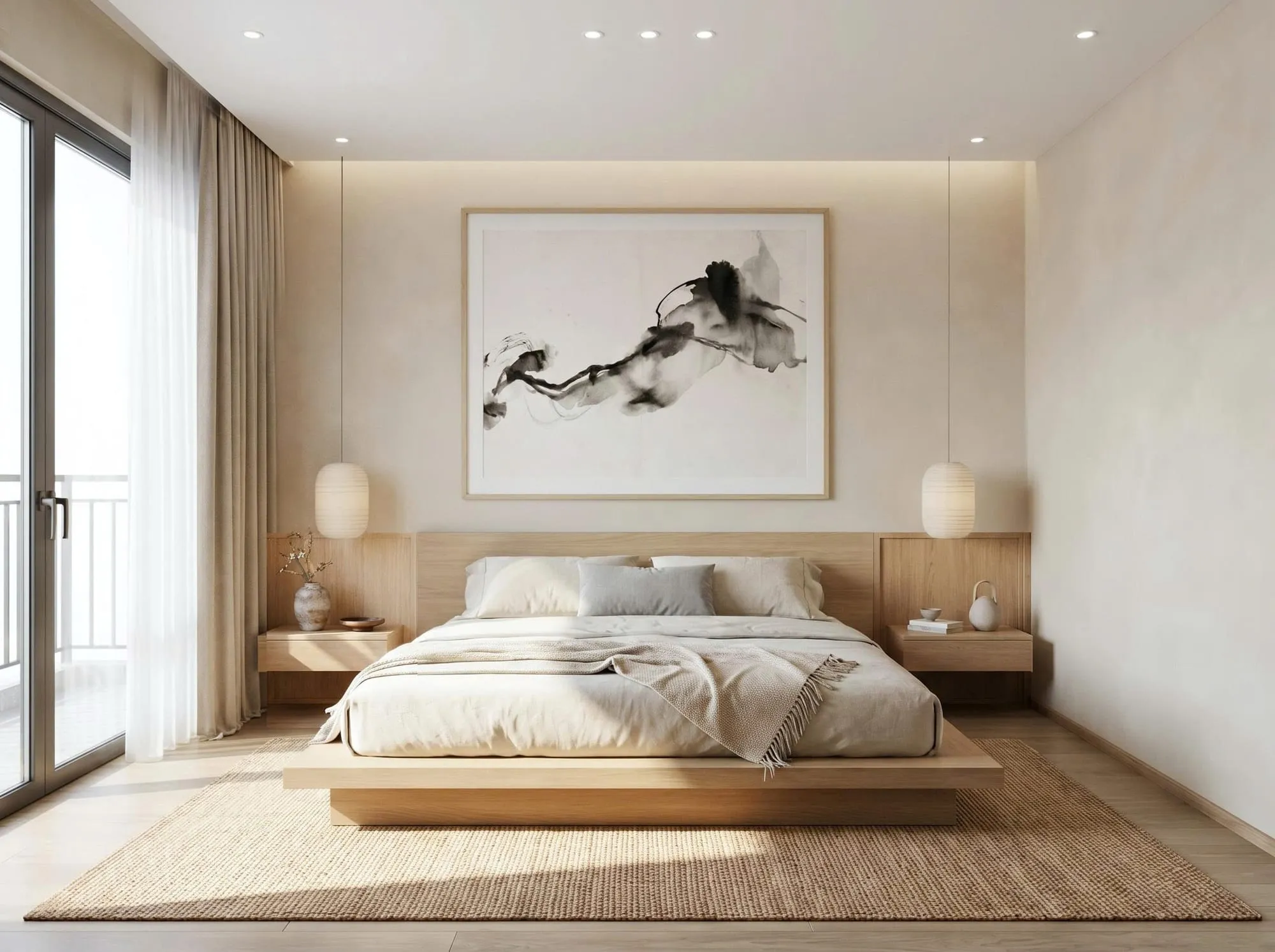 Phòng ngủ phong cách Nhật Bản với giường thấp