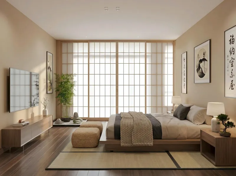 Phòng ngủ phong cách Nhật Bản với cửa kiểu shoji