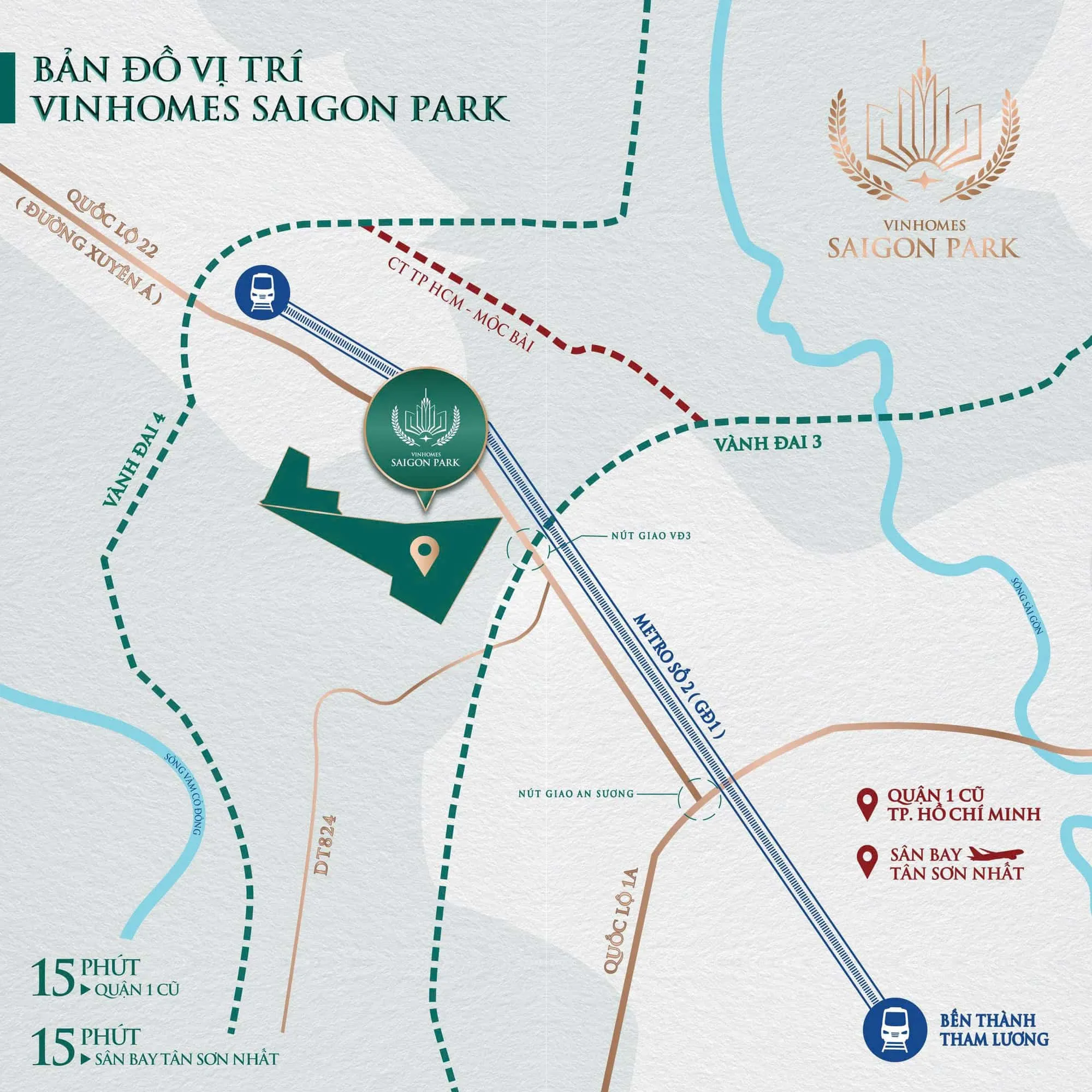 Bản đồ vị trí Vinhomes Saigon Park với Quốc lộ 22, Vành đai 3, Vành đai 4, Metro số 2 và sân bay Tân Sơn Nhất