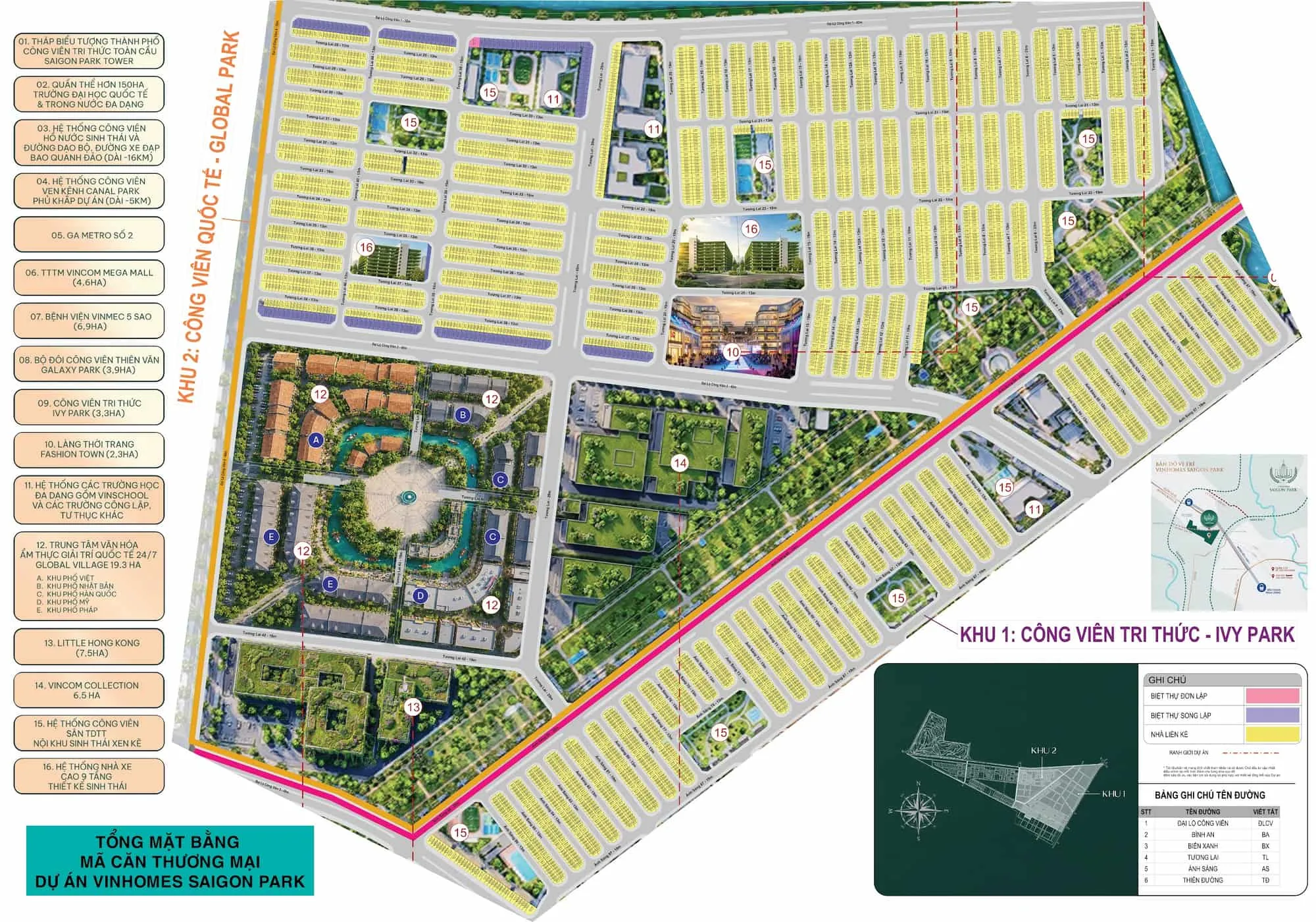 Tổng mặt bằng mã căn Khu 1 Công viên Tri thức – Ivy Park và Khu 2 Công viên Quốc tế – Global Park